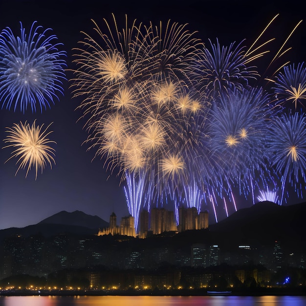 I fuochi d'artificio sono accesi nel cielo notturno sopra una città