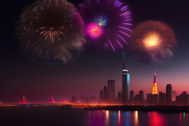 I fuochi d'artificio sono accesi nel cielo notturno sopra una città.