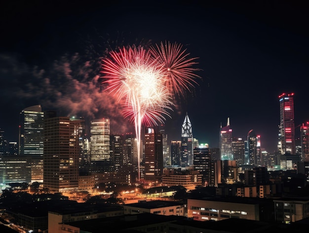 i fuochi d'artificio sono visti da un tetto in una città.