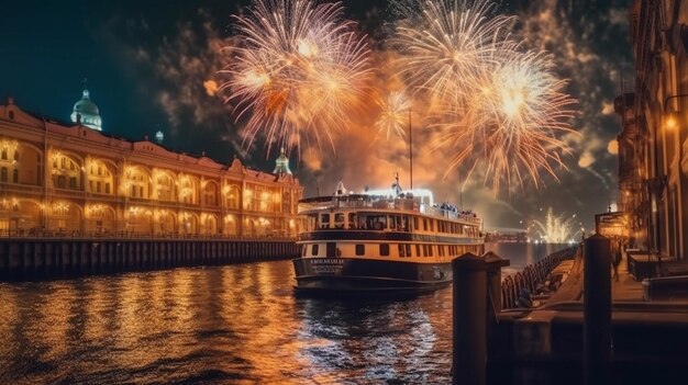 i fuochi d'artificio vengono accesi sopra un fiume con una barca nell'acqua generativa ai