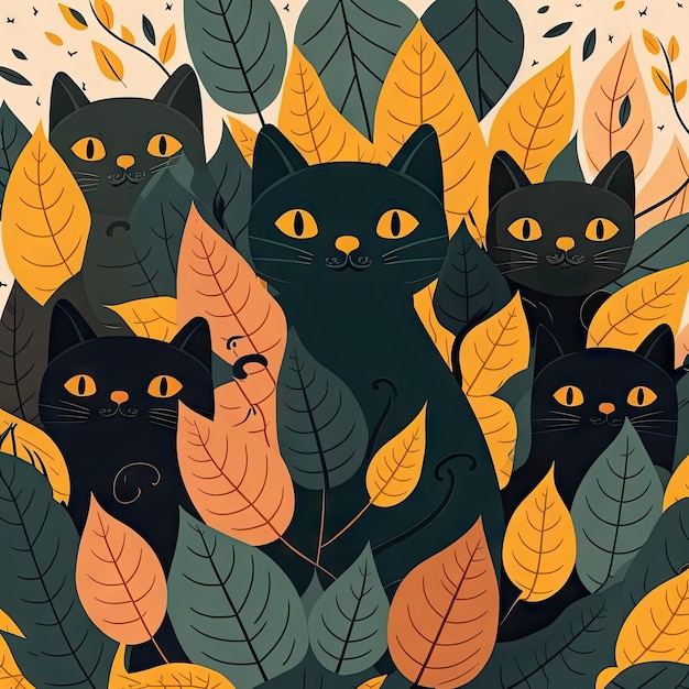 I gatti dei cartoni animati spia in autunno lasciano gattini neri ai generati sullo sfondo illustrazione della festa di Halloween foglia di giungla floreale e seduti misteriosi gatti neri retro animali domestici curiosi