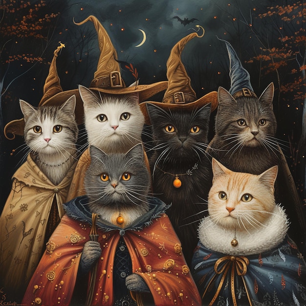 I gatti magici di Halloween come streghe e maghi