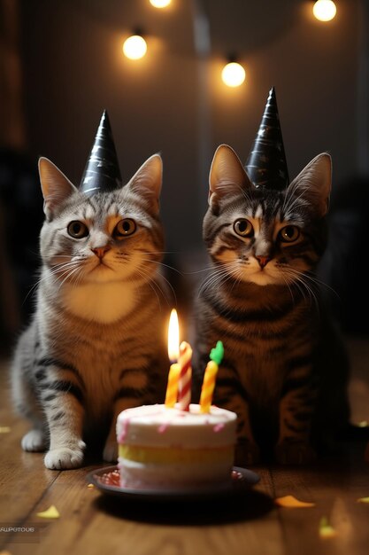 I gatti seduti davanti a una torta stanno festeggiando un compleanno