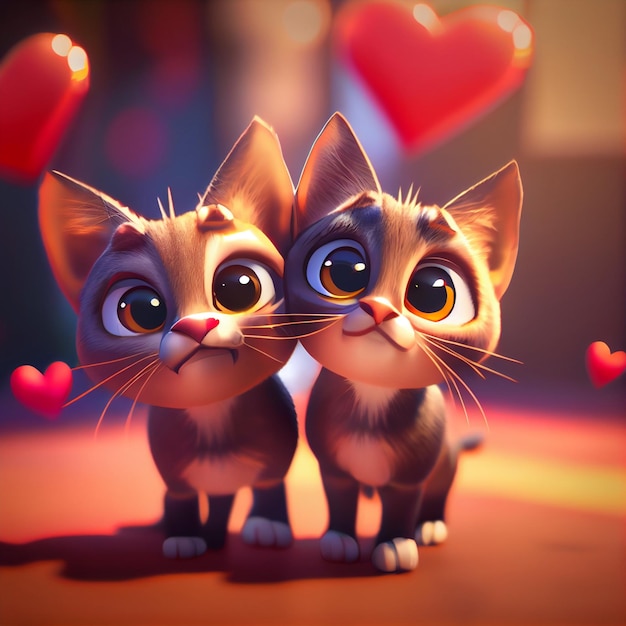 I gatti si accoppiano innamorati della carta di San Valentino dei cuori 3d rendono l'illustrazione