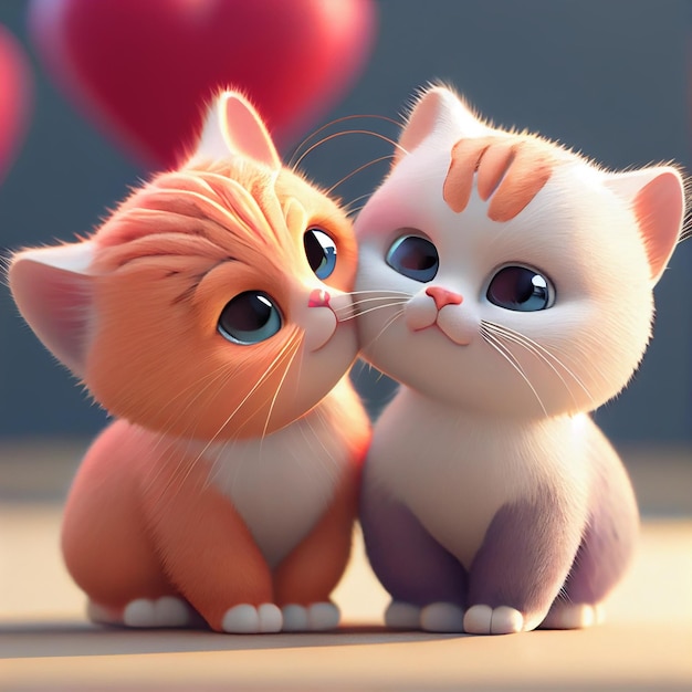 I gatti si accoppiano innamorati della carta di San Valentino dei cuori 3d rendono l'illustrazione