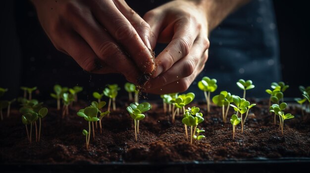 I germogli di microgreen crescono dal suolo Le mani dei maschi si prendono cura delle piantine