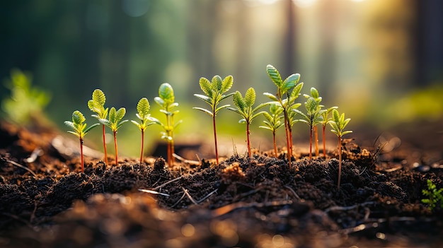 I germogli di nuovi alberi prima della piantagione nella foresta si prendono cura dell'ecosistema dell'umanità generato dall'IA