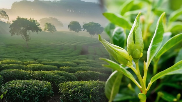 I germogli e le foglie del tè verde nelle piantagioni di tè verde al mattino