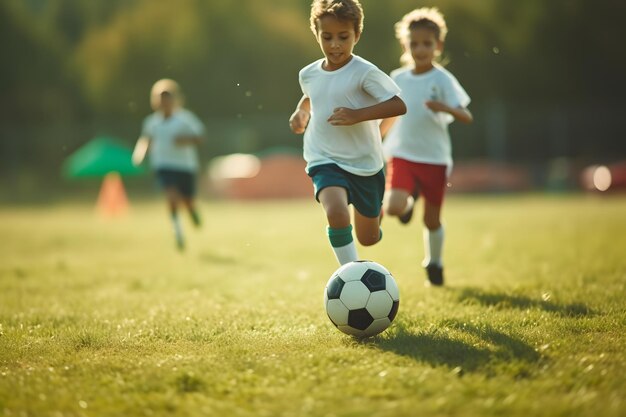 I giocatori di calcio per bambini piccoli si abbinano sul banner del campo di calcio