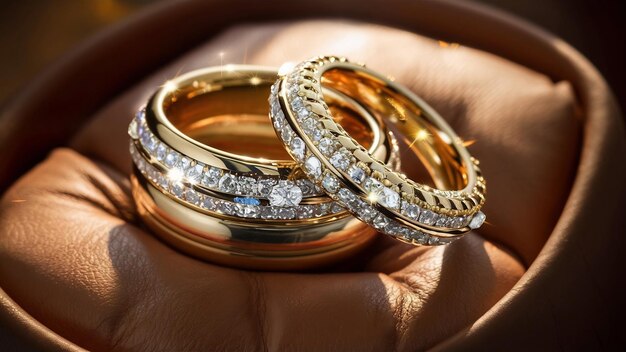 I gioielli scintillano negli anelli da sposa d'oro che giacciono sul cuoio.