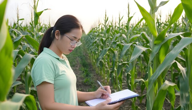 I giovani agricoltori sono nelle piantagioni di mais, le ricercatrici esaminano e prendono appunti.