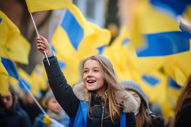 I giovani locali sventolano orgogliosamente la bandiera ucraina nella celebrazione del Giorno dell'Unità Nazionale a Uzhhorod Ucraina