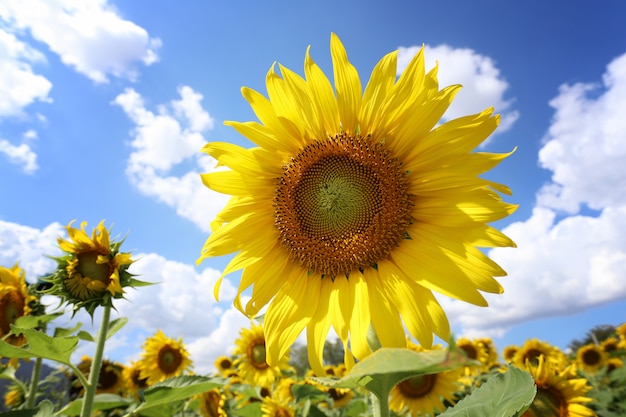 I girasoli sono in fiore e la luce del sole in una giornata limpida.