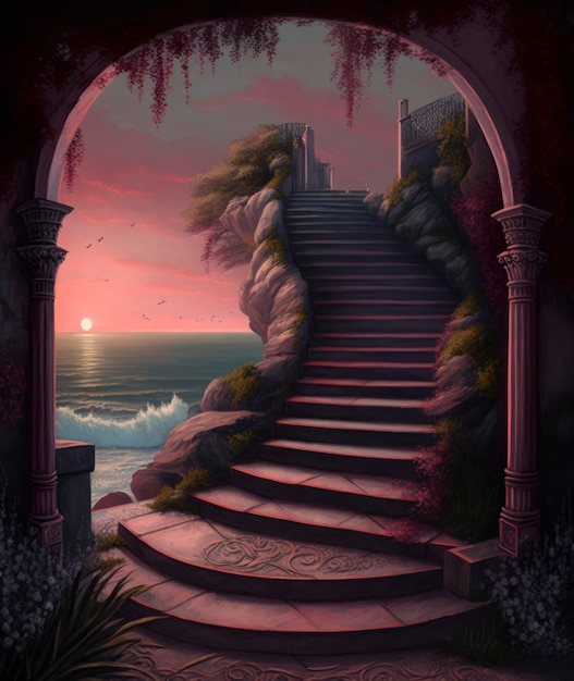 I gradini che portano all'ingresso al tramonto nello stile di sfondi decorativi