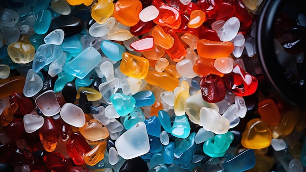 I granuli di plastica riciclata frantumata sono stati convertiti in materiale fresco e riutilizzabile dalla tonalità Generative AI