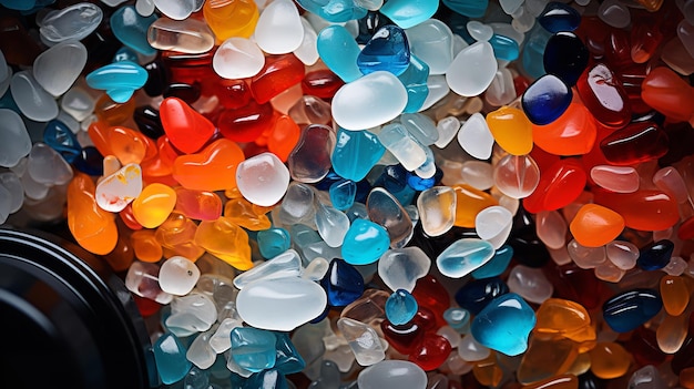 I granuli di plastica riciclata frantumata sono stati convertiti in materiale fresco e riutilizzabile dalla tonalità Generative AI