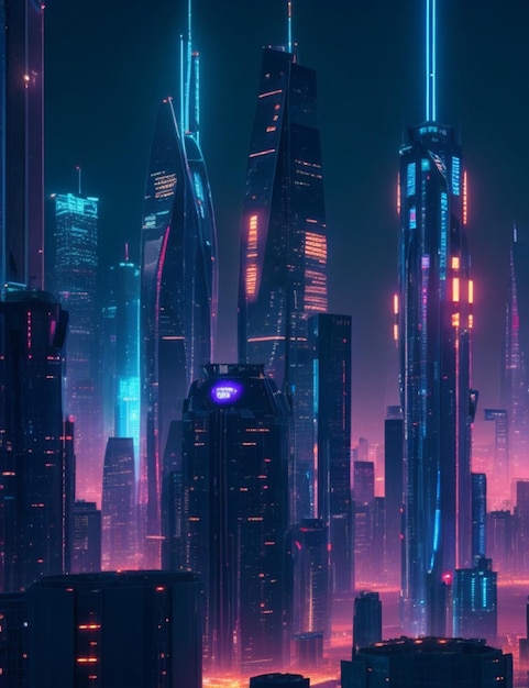 I grattacieli luminosi illuminano il paesaggio urbano futuristico di notte