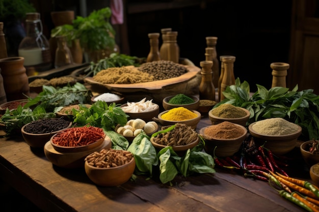 I gruppi aromatici di spezie tailandesi abbracciano il tavolo da cucina in legno pronti per delizie culinarie