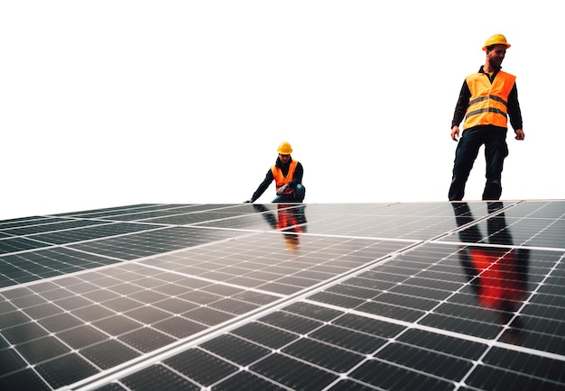 I lavoratori assemblano il sistema energetico con il pannello solare per l'elettricità