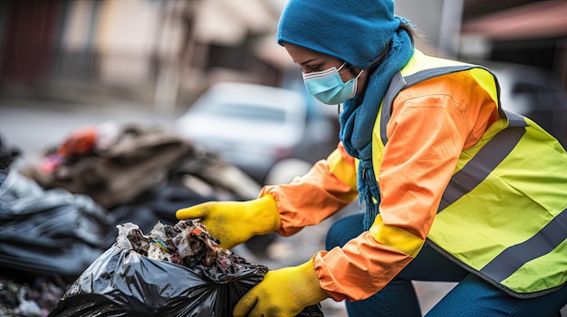 I lavoratori che raccolgono i rifiuti del comune urbano stanno raccogliendo per la rimozione dei rifiuti