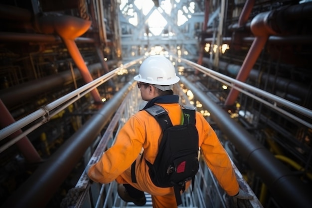 I lavoratori dell'industria petrolifera e del gas salgono a bordo di una nave a gas pressurizzata per ispezionare il processo di disidratazione del petrolio e del gas sopra l'operaio della piattaforma petrolifera della nave