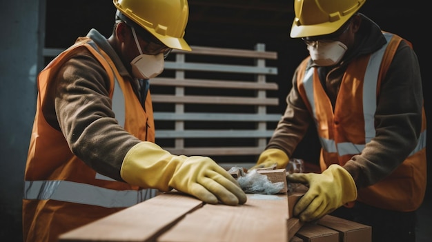 I lavoratori edili maschi bianchi che indossano guanti tengono i materiali da costruzione IA generativa