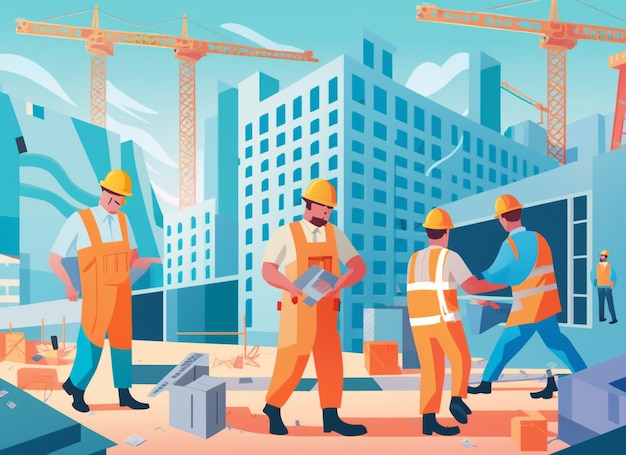 I lavoratori edili sono in piedi di fronte a un edificio in costruzione ai generativo