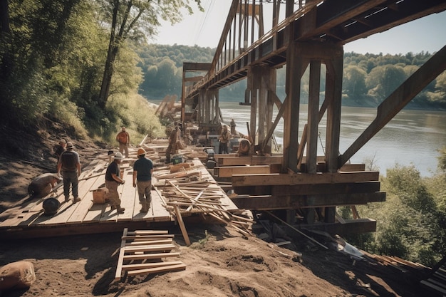 I lavoratori edili stanno lavorando su un ponte che viene costruito dal fiume.