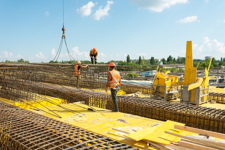 Foto i lavoratori installano strutture di rinforzo durante la costruzione di un ponte di trasporto