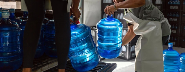 I lavoratori sollevano litri di acqua potabile blu e bottiglie in casse nel retro di un camion di trasporto