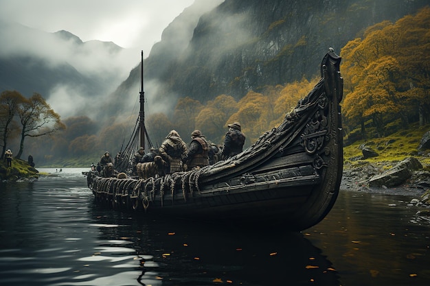 I leggendari guerrieri vichinghi, le loro navi lunghe, le battaglie e la mitologia norrena, generati con l'IA.