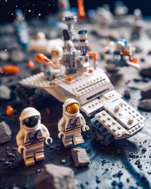 i LEGO sono in piedi su una superficie con un'astronave sullo sfondo ai generativo