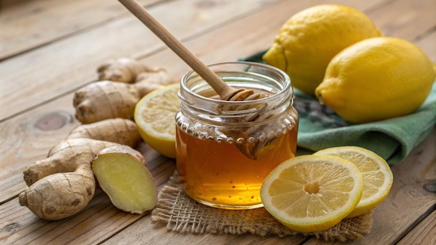 i limoni e i limoni sono su un tavolo accanto a un barattolo di miele