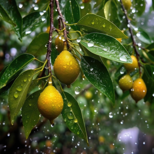 I limoni sono appesi a un albero con gocce di pioggia su di essi.