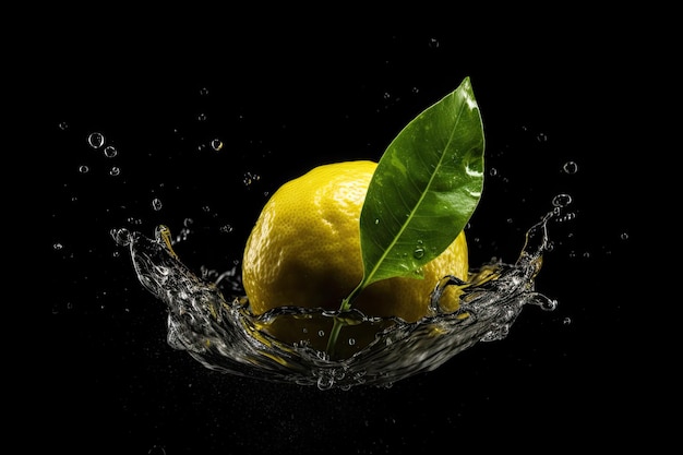 I limoni vengono spruzzati nell'acqua con una foglia verde.