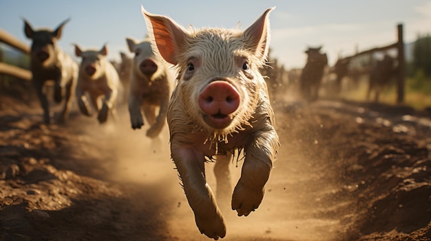 I maialini corrono in un cortile polveroso