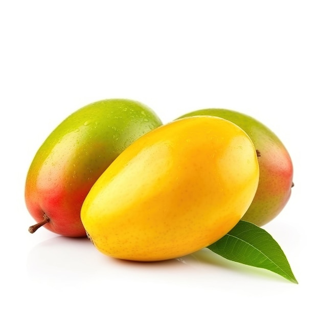 I mango sono su uno sfondo bianco con foglie verdi.