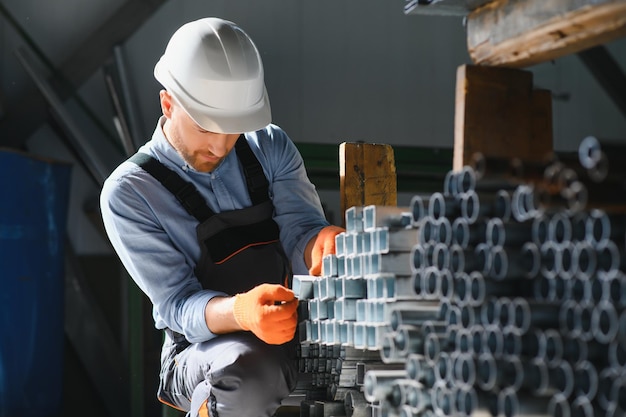 I meccanici di fabbrica maschi o l'ingegnere in divise di sicurezza stanno lavorando su perforatrici per metalli nelle linee di produzione industriale, manutenzione meccanica dell'industria di lavorazione dell'acciaio