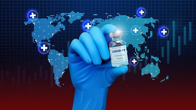 I medici Mano in guanti blu tengono la fiala con il vaccino o il farmaco su sfondo blu