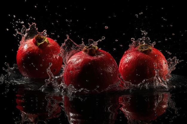 I melograni vengono fatti cadere in acqua su uno sfondo nero.