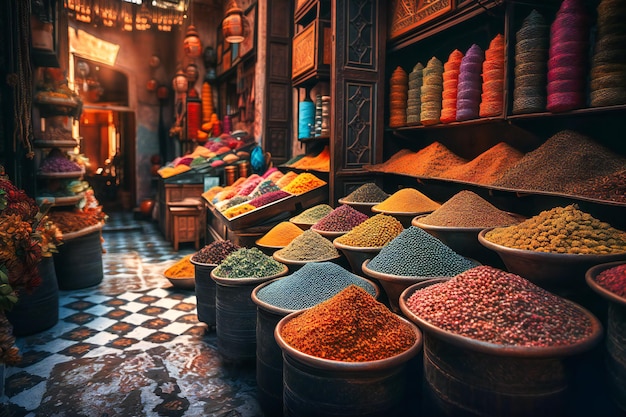 I mercati colorati ed esotici di Marrakech in Marocco offrono uno sfondo di viaggio estivo vibrante e unico con spezie luminose, tessuti fatti a mano e artigianato tradizionale