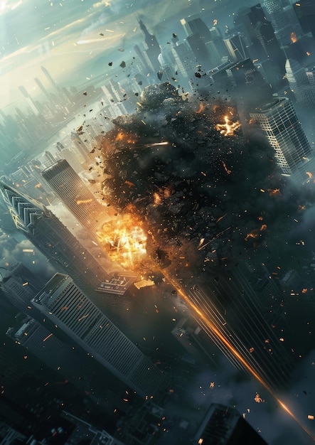 I meteoriti cadono sui grattacieli di una grande città e distruggono tutto.