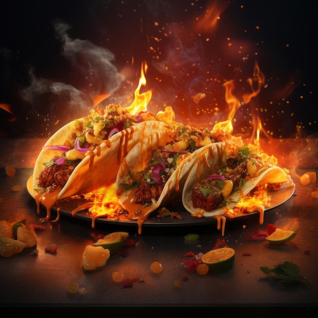 I migliori tacos messicani con uno sfondo fiammeggiante