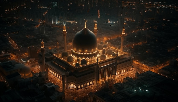 I minareti illuminati sorgono nella famosa Moschea Blu generata dall'intelligenza artificiale