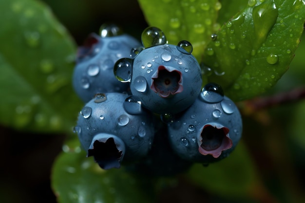 I mirtilli sono su una foglia verde con sopra una goccia d'acqua.