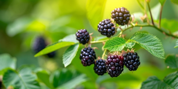 I mirtilli vivaci circondati da foglie verdi e lussureggianti su uno sfondo sfocato