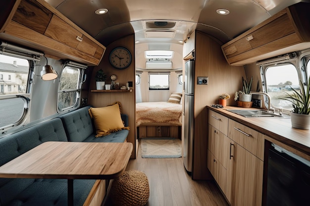 I moderni caravan, roulotte e camper sono caratterizzati da un design degli interni elegante e funzionale con una gamma di servizi per un'esperienza di vita mobile confortevole AI generativa