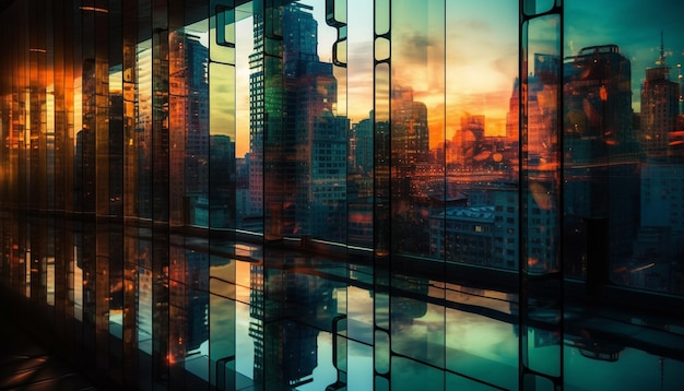 I moderni grattacieli illuminano lo skyline della città al tramonto riflettendo astrattamente generato dall'intelligenza artificiale