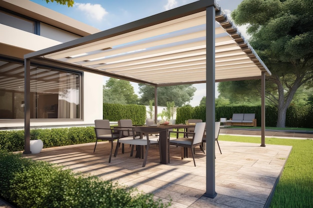 I moderni mobili da patio includono una struttura di ombra a pergola generata dall'AI