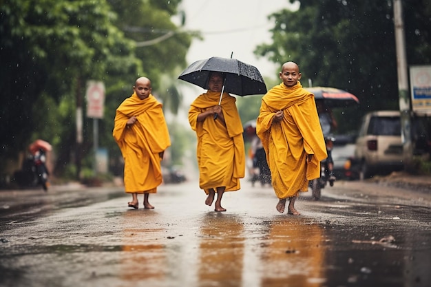 I monaci di Songkran sotto la pioggia